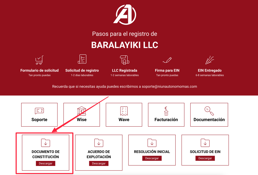 La página de instrucciones de registro para "BARALAYIKI LLC" incluye botones de descarga para varios documentos, como el "Documento de Constitución", resaltado prominentemente con una flecha roja, lo que garantiza que los usuarios accedan fácilmente a la información esencial.