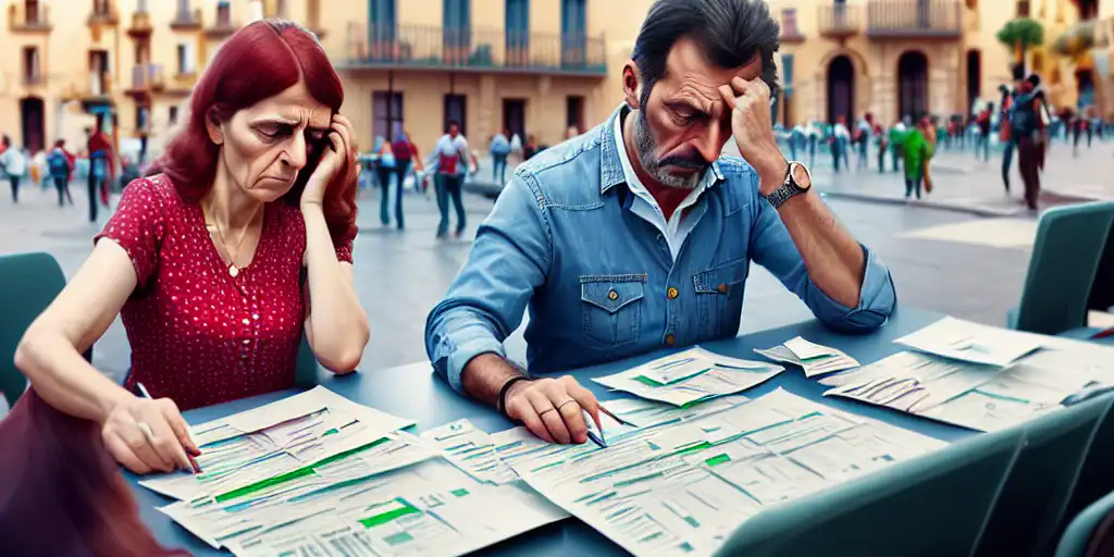 Man and woman struggling with paying taxes in spain