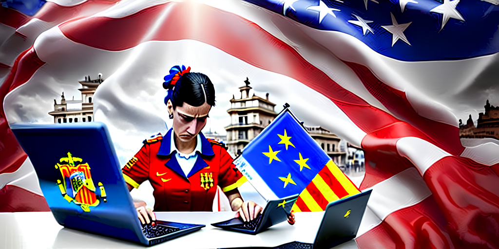 a woman shopping online on computer Spain and United States flag