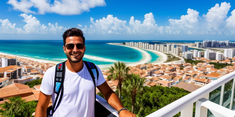 Un hombre que cambia su residencia fiscal para evitar legalmente pagar impuestos en España mientras está de pie en un balcón con vistas a la playa y la ciudad.
