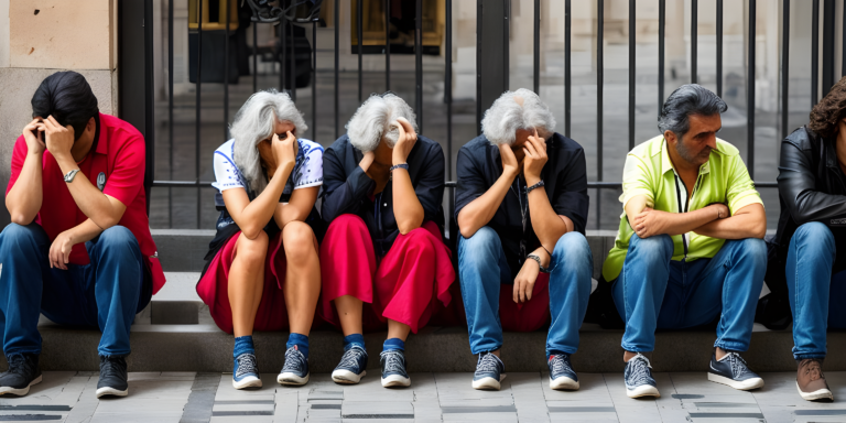 Un grupo de ancianos sentados en los escalones de un edificio en España, mostrando la lucha económica oculta.