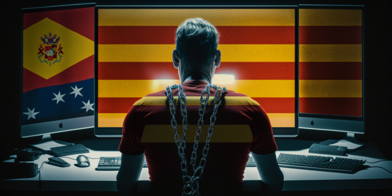 Un hombre está encadenado a la pantalla de una computadora frente a una bandera catalana, explorando las realidades de iniciar un negocio en los Estados Unidos.