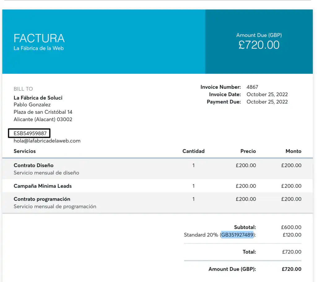 Una factura con fondo azul y CIF.