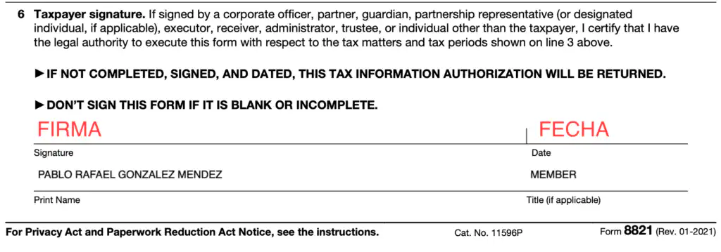 una sección de firma del formulario fiscal con instrucciones en negrita, espacios para la firma y la fecha etiquetados como "firma" y "fecha" en rojo, y datos personales de pablo rafael gonzález méndez, identificado como miembro de una srl.