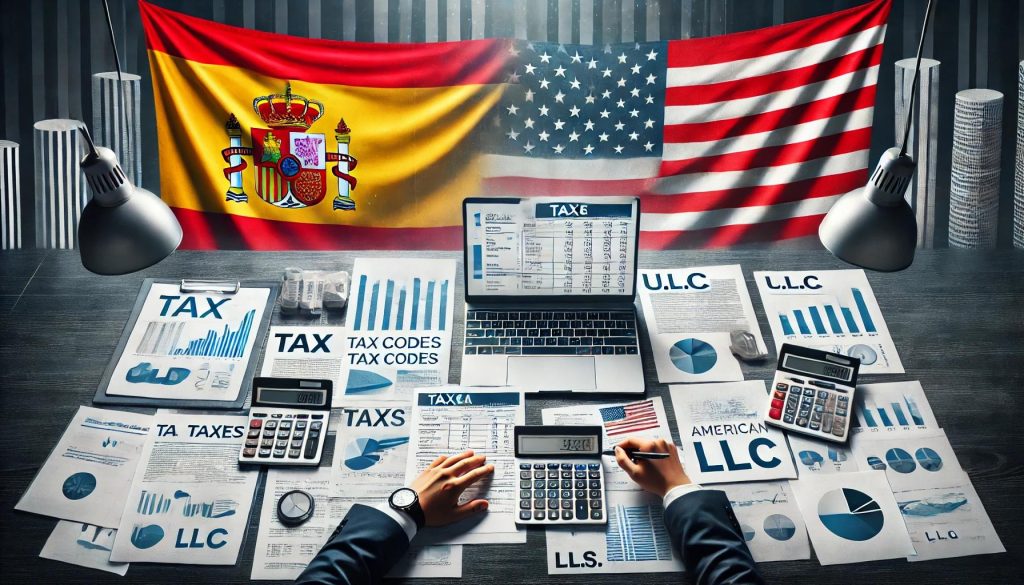 Un escritorio con documentos fiscales, calculadoras y un ordenador portátil se encuentra bajo las banderas de España y Estados Unidos, mostrando un enfoque internacional en la gestión de las obligaciones del IRPF y de las LLC.