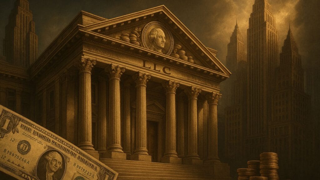 Un gran banco clásico con la inscripción "LLC" y el rostro de George Washington en su frontón se alza entre rascacielos estadounidenses. En primer plano, en tonos sepia, un billete de dólar y montones de monedas insinúan los beneficios de la deducción de impuestos.